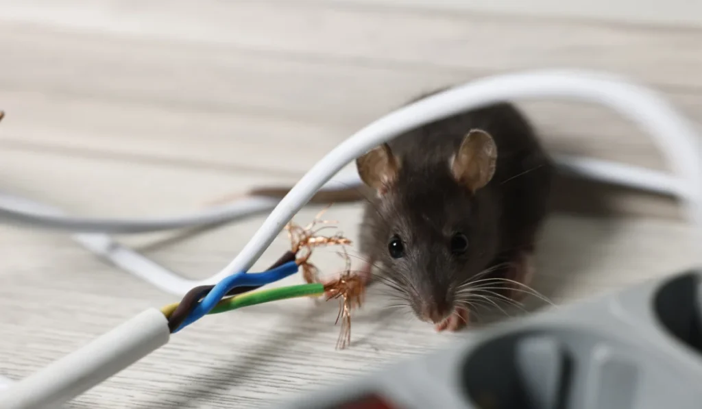 rodent near chewed electric wire on floor indoors.