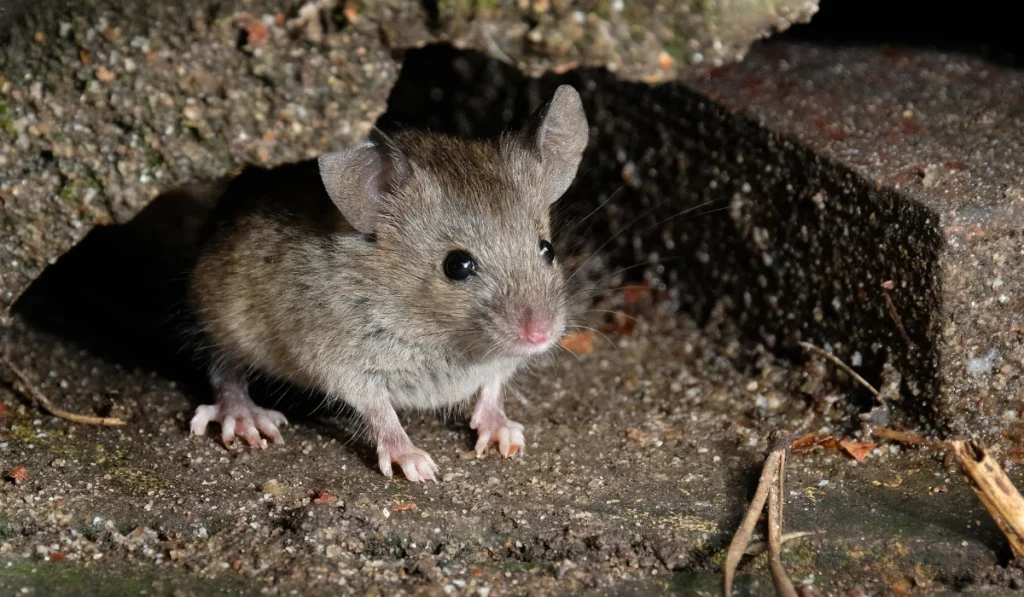 Mouse in hiding looking for food in urban house garden.