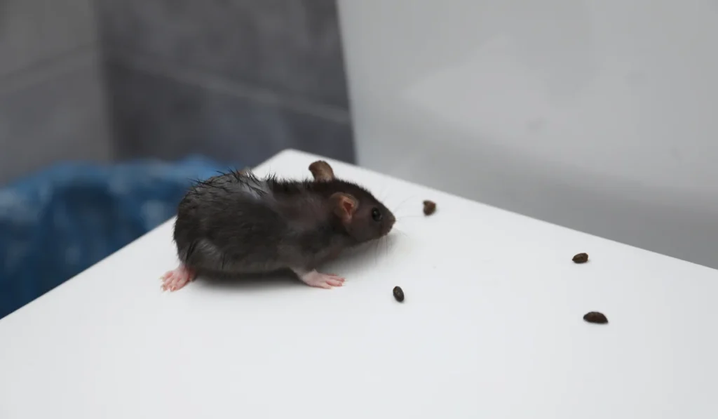 Rat and droppings on toilet bowl in bathroom. Pest control