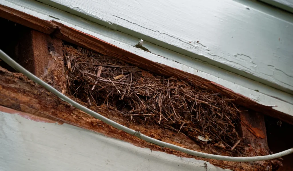 Repairs to a weatherboard house. A rotten weatherboard has been removed exposing a rats nest made of dry grass and vegetation between the wooden uprights.