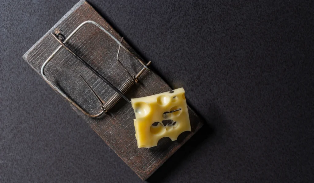 Wooden mousetrap with a piece of yellow cheese on a dark background, close up, top view. Rodent trap